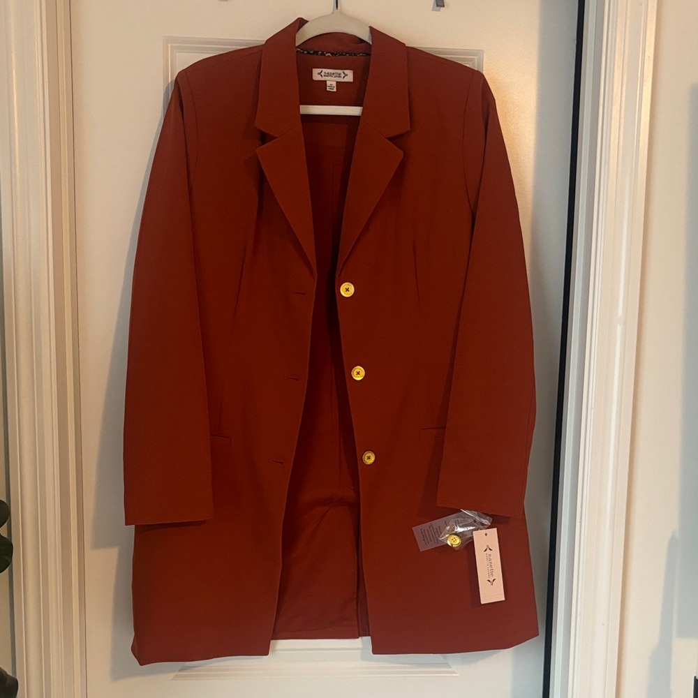 Brick Red Single-Breasted Long Blazer Jacket